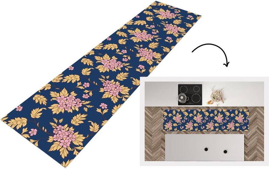 KitchenYeah Keukenloper Loper keuken Bloesem Bladeren Roze Goud Patronen 240x60 cm Keukenloper vinyl