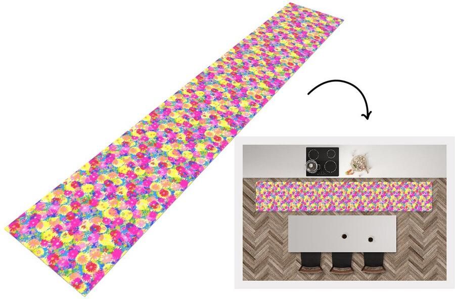 KitchenYeah Keukenloper Loper keuken Bloesem Zomer Regenboog Bloem Design 300x50 cm Keukenloper vinyl