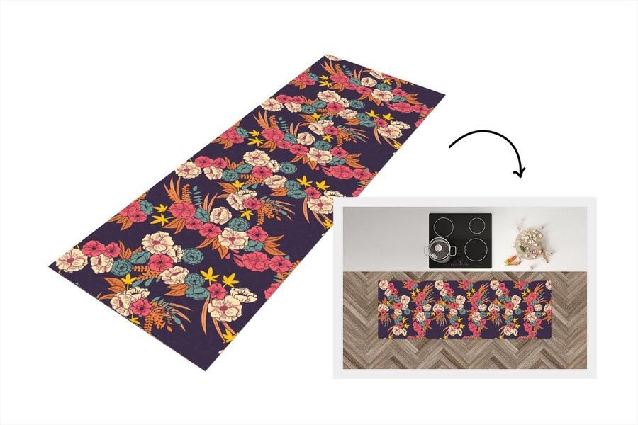 KitchenYeah Keukenloper Loper keuken Boeket Bloemen Tropisch Patroon 180x60 cm Keukenloper vinyl
