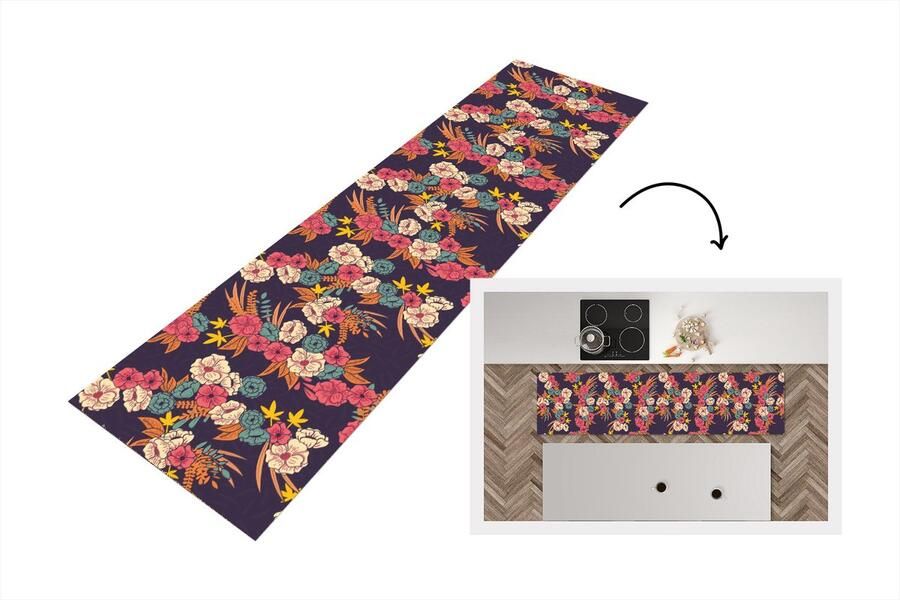 KitchenYeah Keukenloper Loper keuken Boeket Bloemen Tropisch Patroon 200x50 cm Keukenloper vinyl