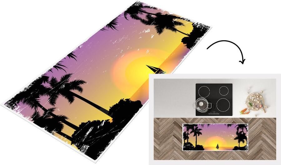 KitchenYeah Keukenloper Loper keuken Boot Palmboom Zee Tekening 120x50 cm Keukenloper vinyl