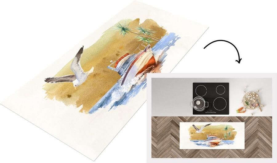 KitchenYeah Keukenloper Loper keuken Boot Vogel Strand Waterverf 120x50 cm Keukenloper vinyl