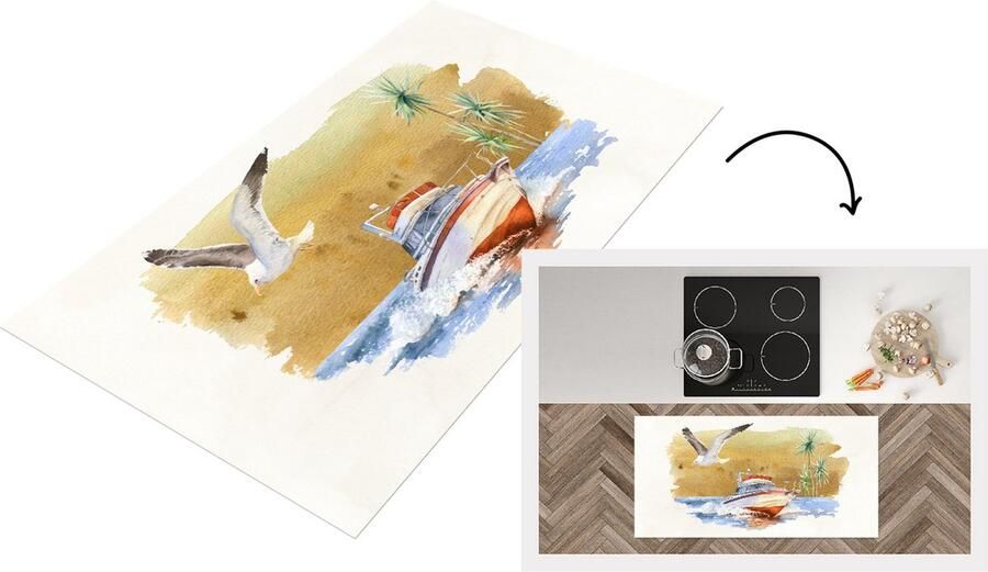 KitchenYeah Keukenloper Loper keuken Boot Vogel Strand Waterverf 120x60 cm Keukenloper vinyl