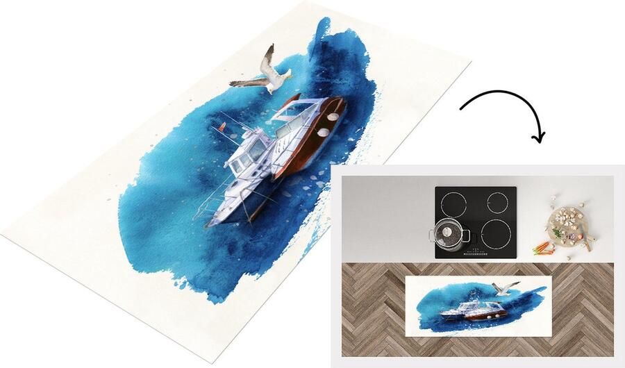 KitchenYeah Keukenloper Loper keuken Boot Zee Waterverf 120x50 cm Keukenloper vinyl