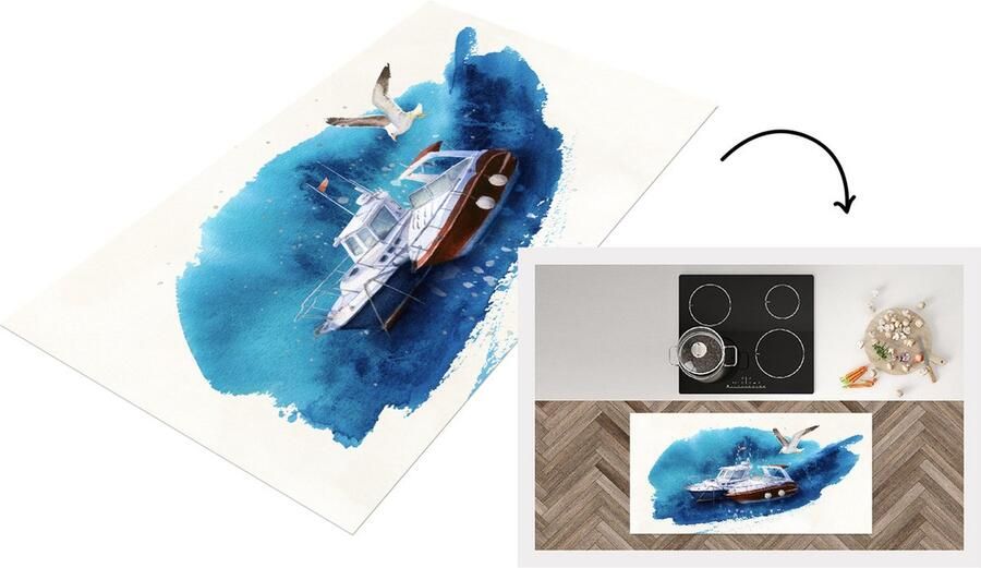 KitchenYeah Keukenloper Loper keuken Boot Zee Waterverf 120x60 cm Keukenloper vinyl