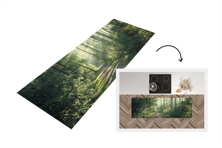 KitchenYeah Keukenloper Loper keuken Bos Pad Zon 180x60 cm Keukenloper vinyl