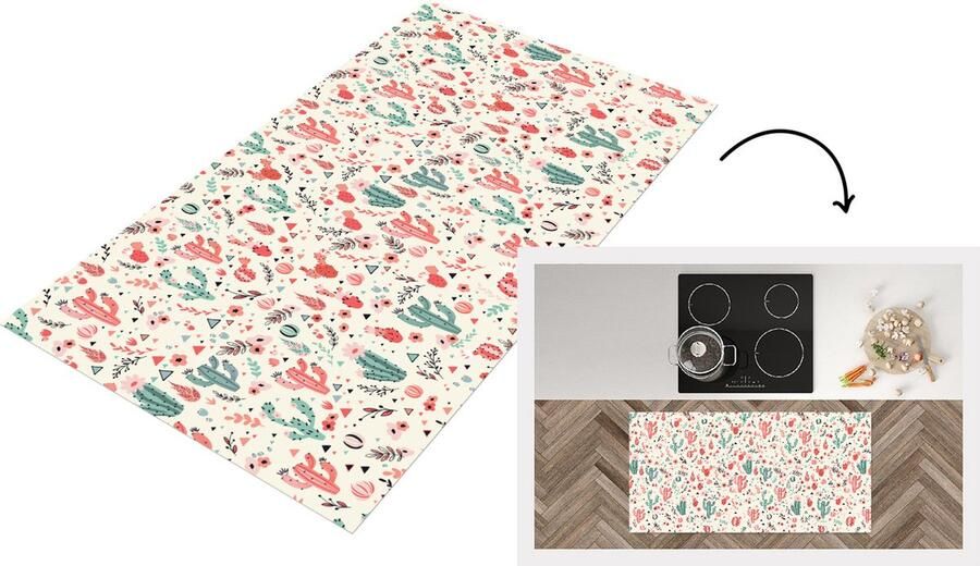 KitchenYeah Keukenloper Loper keuken Cactus Bloemen Pastel Patronen 120x60 cm Keukenloper vinyl