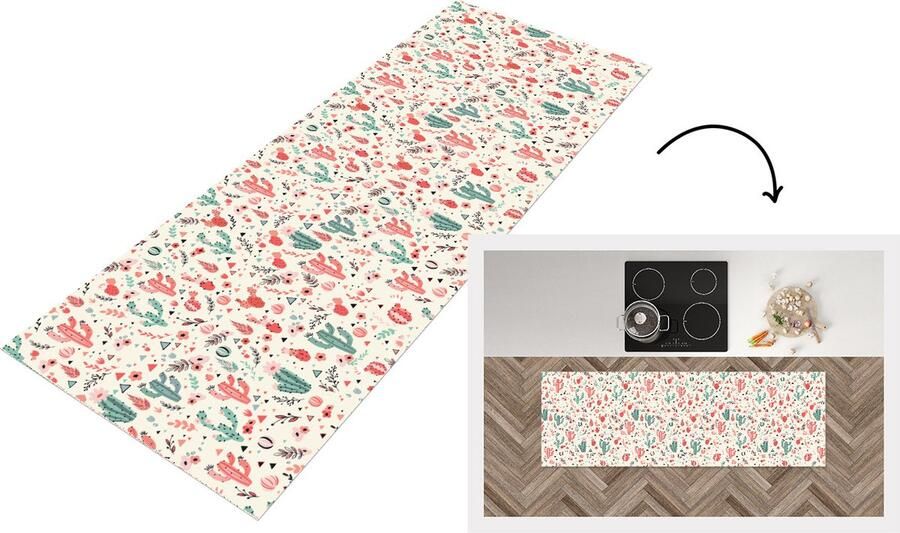 KitchenYeah Keukenloper Loper keuken Cactus Bloemen Pastel Patronen 150x50 cm Keukenloper vinyl