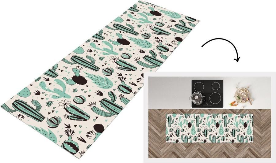 KitchenYeah Keukenloper Loper keuken Cactus Patroon Bloemen 180x60 cm Keukenloper vinyl