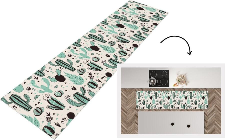 KitchenYeah Keukenloper Loper keuken Cactus Patroon Bloemen 200x50 cm Keukenloper vinyl