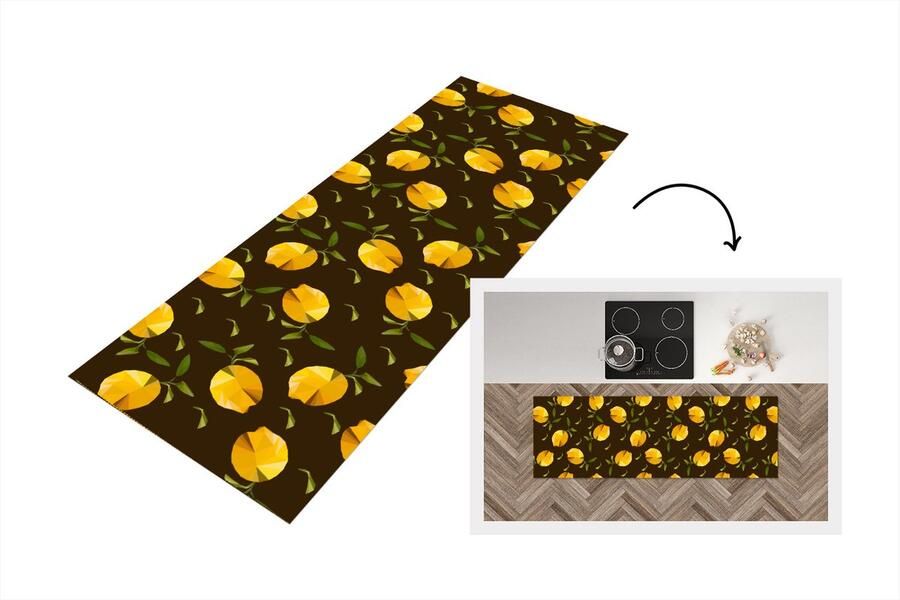 KitchenYeah Keukenloper Loper keuken Citroen Fruit Patronen Origami 180x60 cm Keukenloper vinyl