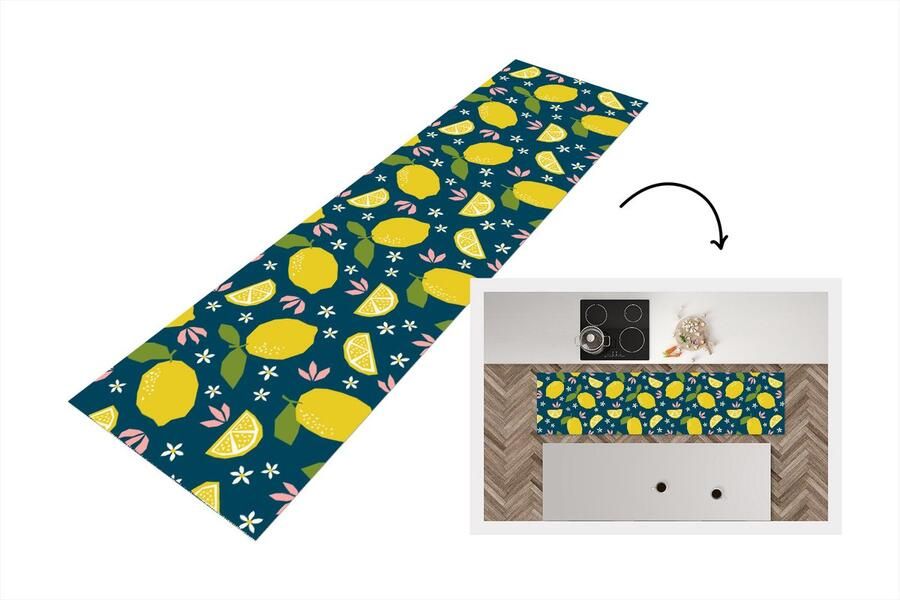 KitchenYeah Keukenloper Loper keuken Citroen Patronen Zomer 200x50 cm Keukenloper vinyl