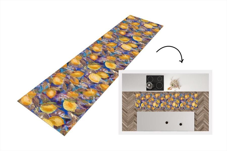 KitchenYeah Keukenloper Loper keuken Citroen Vintage Jungle Patronen 200x50 cm Keukenloper vinyl