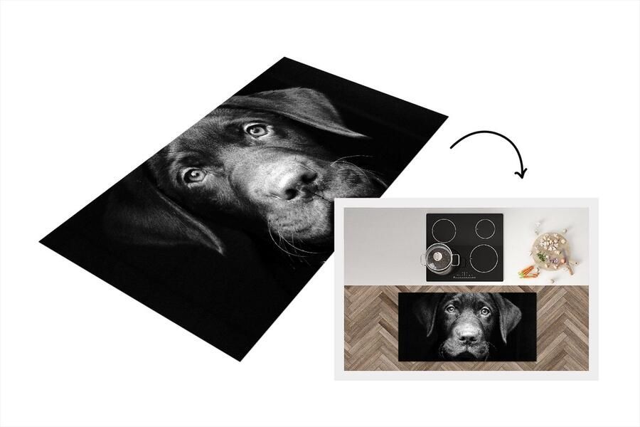 KitchenYeah Keukenloper Loper keuken Close-up labrador puppy tegen zwarte achtergrond in zwart-wit 120x60 cm Keukenloper vinyl
