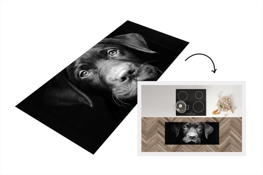 KitchenYeah Keukenloper Loper keuken Close-up labrador puppy tegen zwarte achtergrond in zwart-wit 120x50 cm Keukenloper vinyl