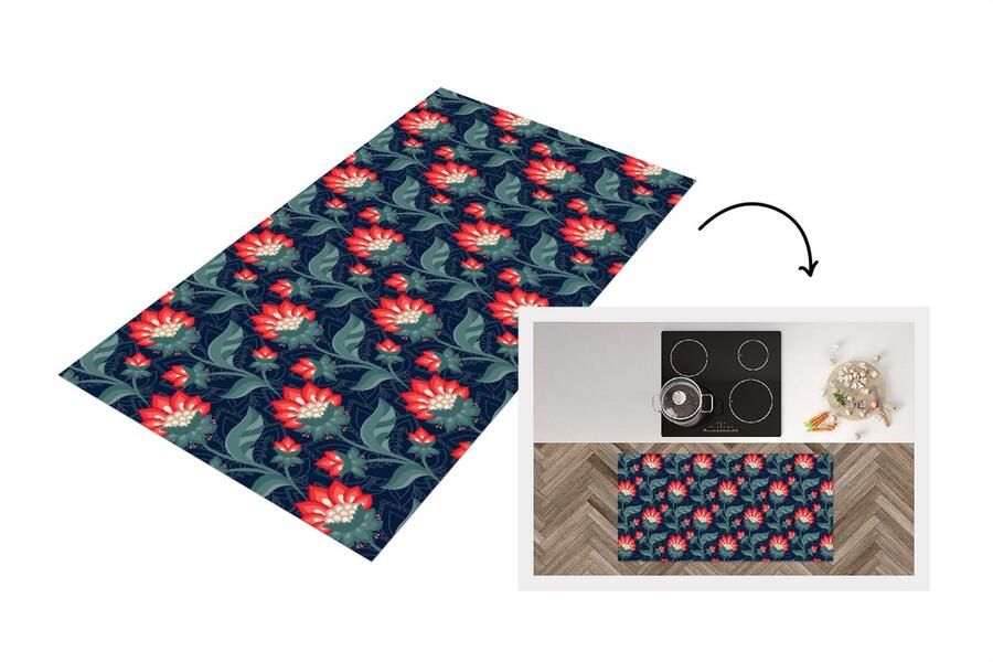 KitchenYeah Keukenloper Loper keuken Design Bloemen Rood 120x60 cm Keukenloper vinyl