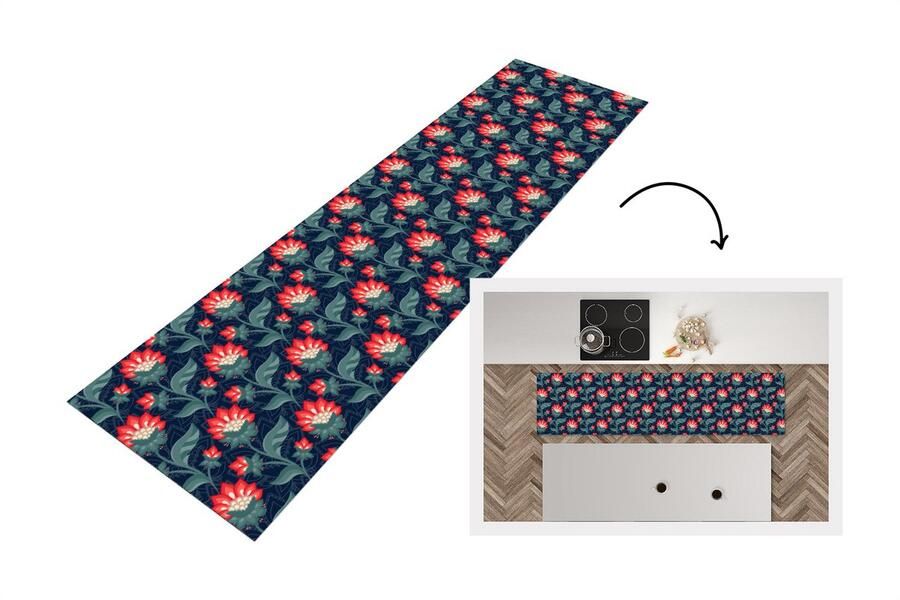 KitchenYeah Keukenloper Loper keuken Design Bloemen Rood 240x60 cm Keukenloper vinyl