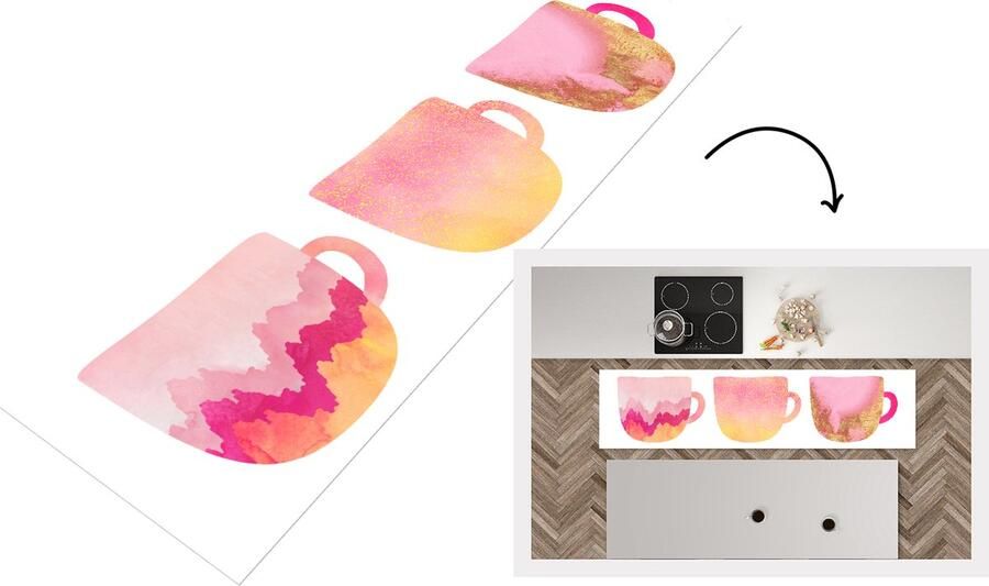 KitchenYeah Keukenloper Loper keuken Design Koffiekop Roze Patronen 200x50 cm Keukenloper vinyl