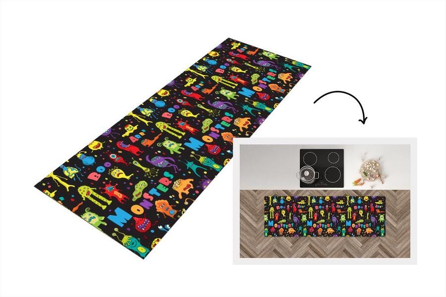 KitchenYeah Keukenloper Loper keuken Design Monster Feest Kinderen 150x50 cm Keukenloper vinyl