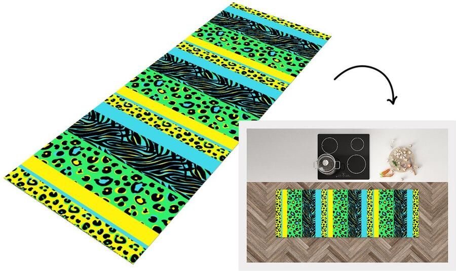KitchenYeah Keukenloper Loper keuken Design Panterprint Geel Groen 180x60 cm Keukenloper vinyl