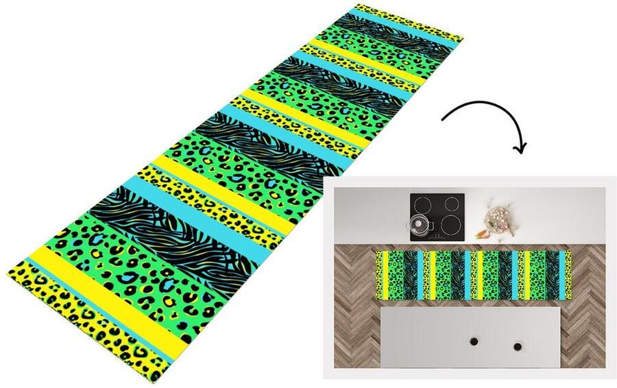 KitchenYeah Keukenloper Loper keuken Design Panterprint Geel Groen 240x60 cm Keukenloper vinyl