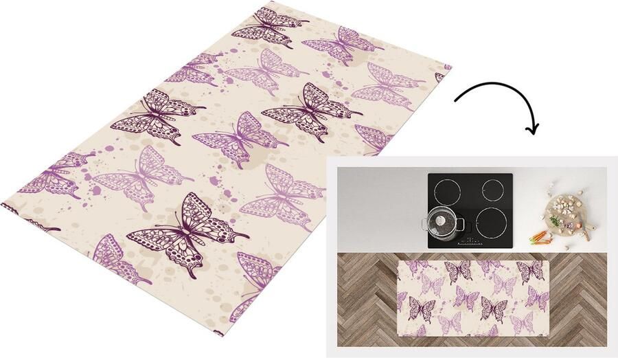 KitchenYeah Keukenloper Loper keuken Dieren Patronen Paars Vlinder 120x60 cm Keukenloper vinyl