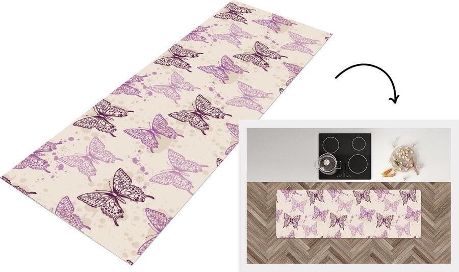 KitchenYeah Keukenloper Loper keuken Dieren Patronen Paars Vlinder 180x60 cm Keukenloper vinyl
