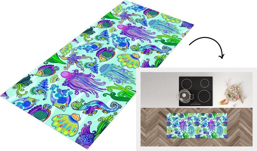 KitchenYeah Keukenloper Loper keuken Dieren Regenboog Vissen Patronen 120x50 cm Keukenloper vinyl