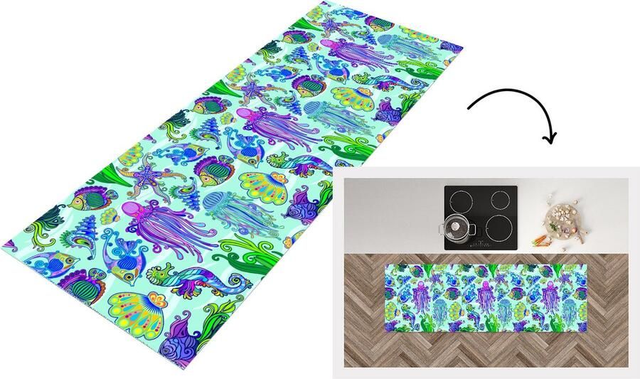 KitchenYeah Keukenloper Loper keuken Dieren Regenboog Vissen Patronen 180x60 cm Keukenloper vinyl