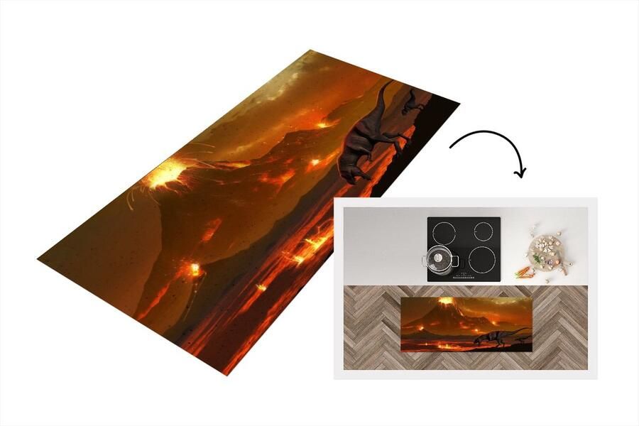 KitchenYeah Keukenloper Loper keuken Dino Vulkaan Lava Illustratie 120x50 cm Keukenloper vinyl