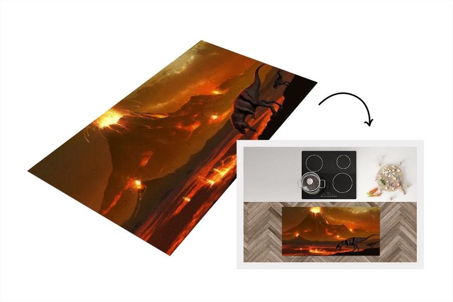 KitchenYeah Keukenloper Loper keuken Dino Vulkaan Lava Illustratie 120x60 cm Keukenloper vinyl