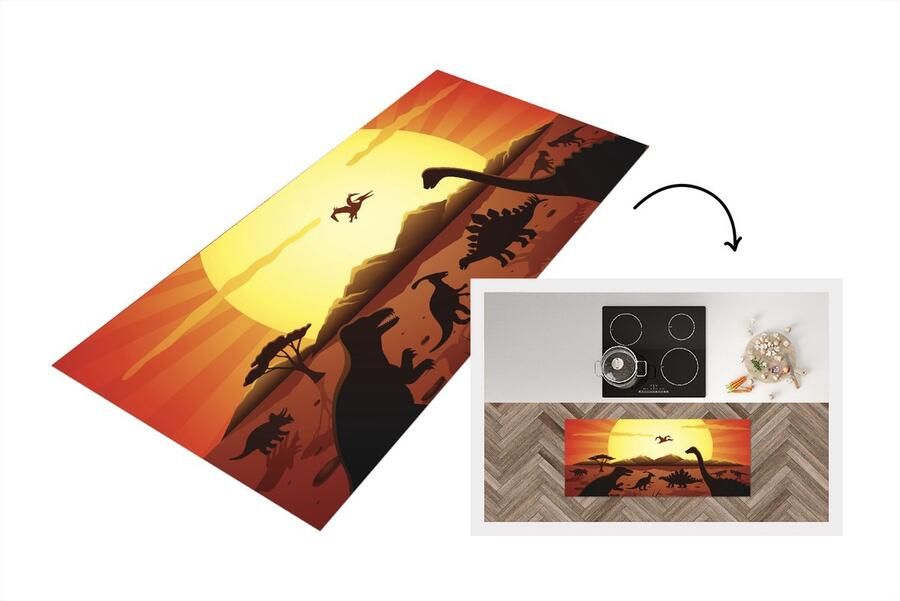 KitchenYeah Keukenloper Loper keuken Dino Zon Natuur Tekening 120x50 cm Keukenloper vinyl