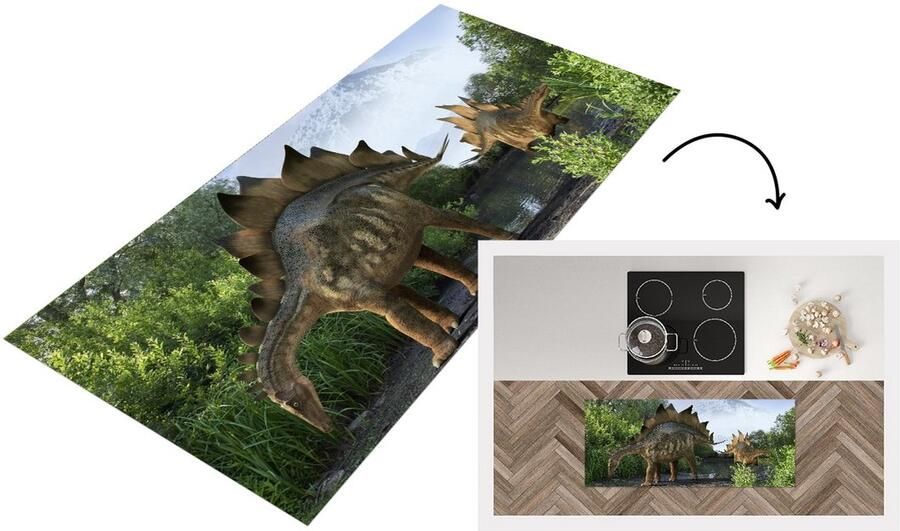 KitchenYeah Keukenloper Loper keuken Dinosaurus Berg Bos Illustratie 120x50 cm Keukenloper vinyl
