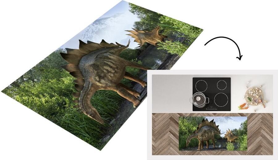 KitchenYeah Keukenloper Loper keuken Dinosaurus Berg Bos Illustratie 120x60 cm Keukenloper vinyl