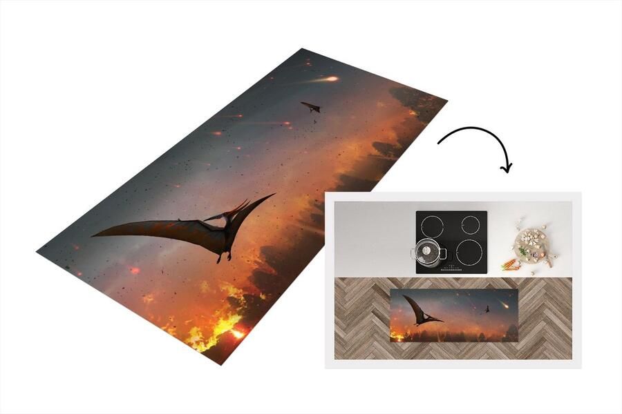 KitchenYeah Keukenloper Loper keuken Dinosaurus Stenen Lava Illustratie 120x50 cm Keukenloper vinyl