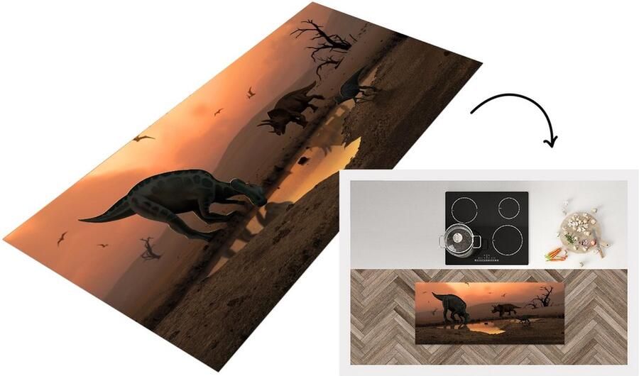 KitchenYeah Keukenloper Loper keuken Dinosaurus Wilde dieren Tekening 120x50 cm Keukenloper vinyl