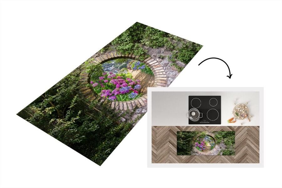 KitchenYeah Keukenloper Loper keuken Doorkijk Bloemen Hortensia Zomer 120x50 cm Keukenloper vinyl