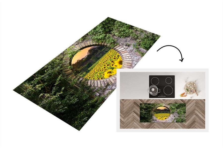 KitchenYeah Keukenloper Loper keuken Doorkijk Bloemen Zonnebloem 120x50 cm Keukenloper vinyl