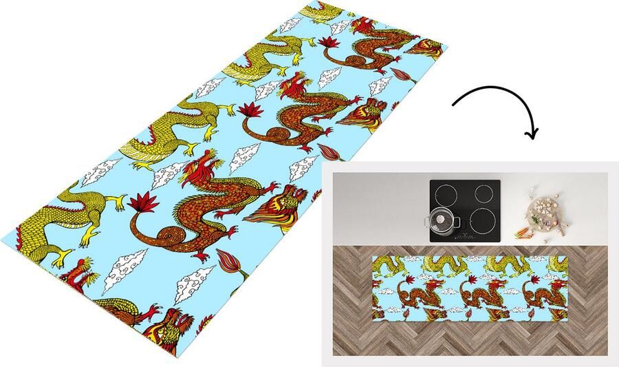 KitchenYeah Keukenloper Loper keuken Draak Chinees Patronen 150x50 cm Keukenloper vinyl