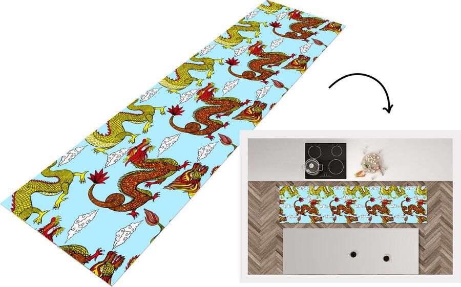 KitchenYeah Keukenloper Loper keuken Draak Chinees Patronen 200x50 cm Keukenloper vinyl