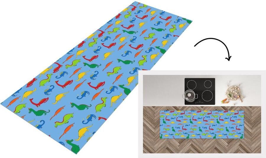 KitchenYeah Keukenloper Loper keuken Draak Dinosaurus Patronen Kinderen 150x50 cm Keukenloper vinyl