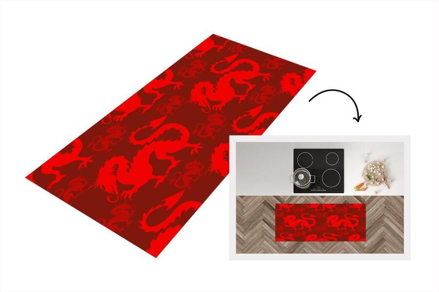 KitchenYeah Keukenloper Loper keuken Draak Rood Patronen 120x50 cm Keukenloper vinyl