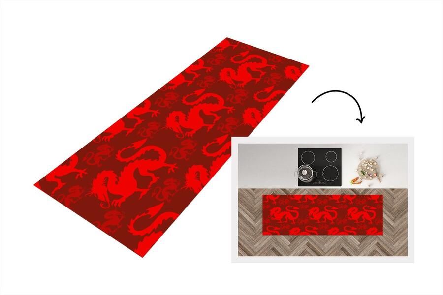 KitchenYeah Keukenloper Loper keuken Draak Rood Patronen 150x50 cm Keukenloper vinyl