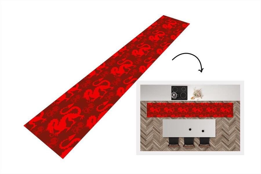 KitchenYeah Keukenloper Keukenmat Draak Rood Patronen 360x60 cm Keuken vloerkleed
