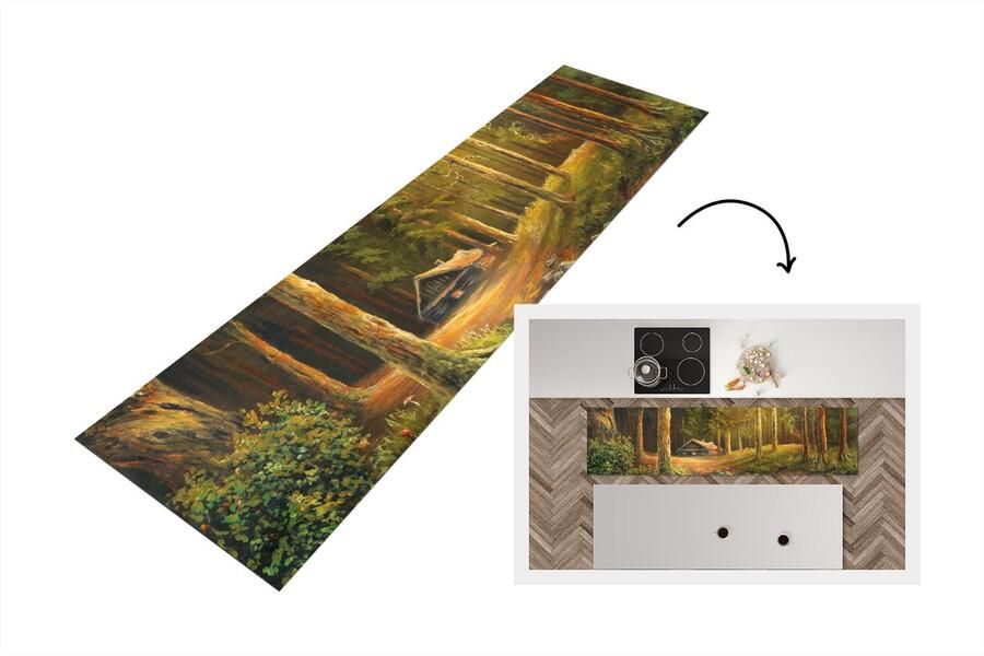 KitchenYeah Keukenloper Loper keuken een huisje in een bos 200x50 cm Keukenloper vinyl