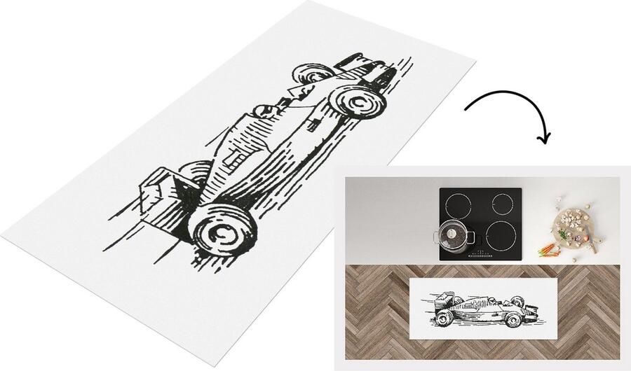 KitchenYeah Keukenloper Loper keuken Een zwart-witte illustratie van de raceauto van Formule 1 120x50 cm Keukenloper vinyl