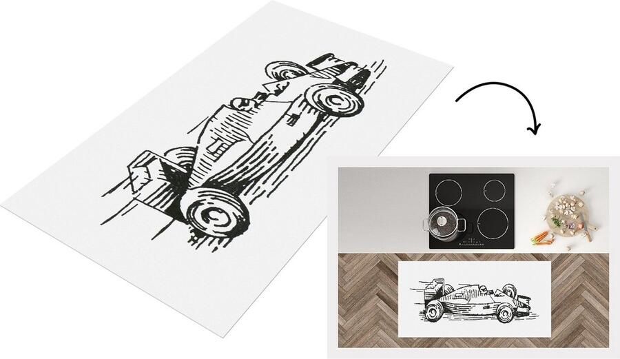 KitchenYeah Keukenloper Loper keuken Een zwart-witte illustratie van de raceauto van Formule 1 120x60 cm Keukenloper vinyl