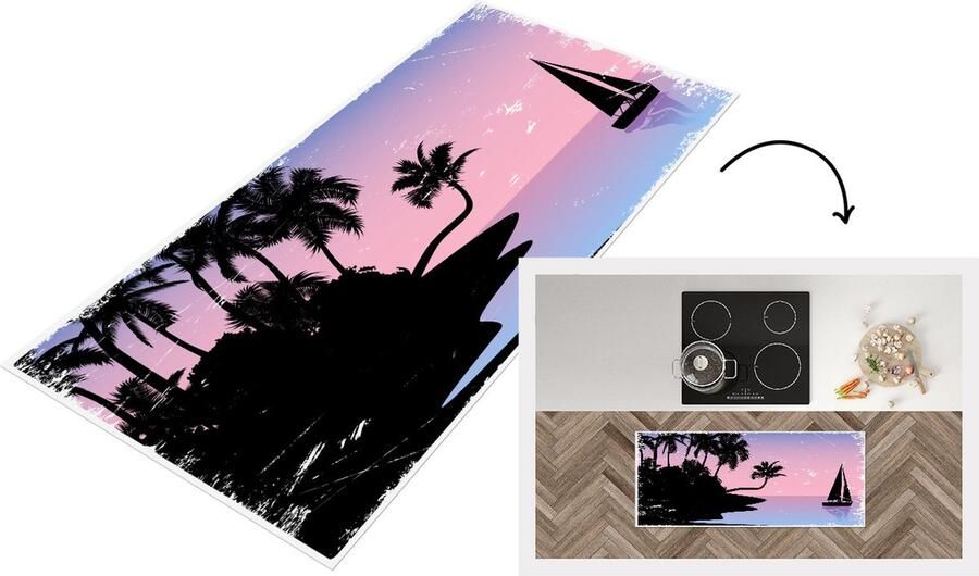 KitchenYeah Keukenloper Loper keuken Eiland Palmboom Zeilboot Nacht 120x50 cm Keukenloper vinyl