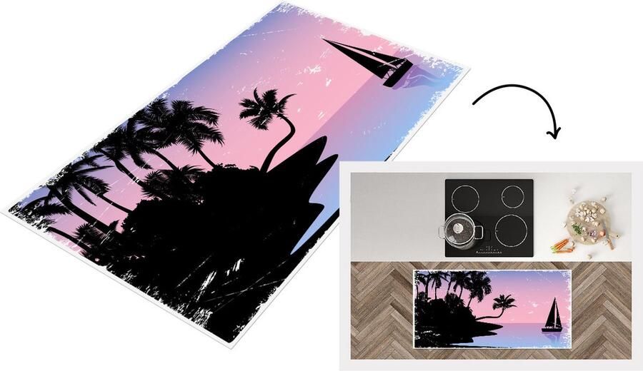 KitchenYeah Keukenloper Loper keuken Eiland Palmboom Zeilboot Nacht 120x60 cm Keukenloper vinyl