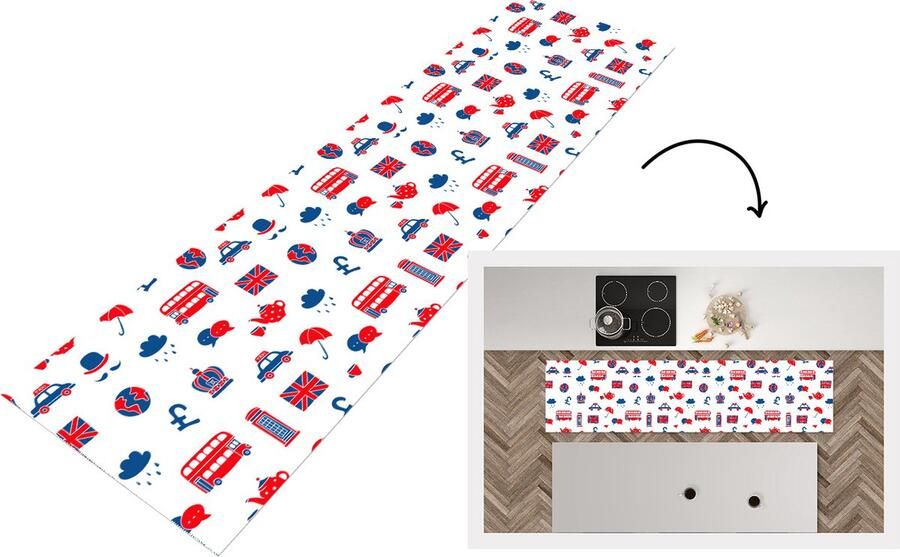 KitchenYeah Keukenloper Loper keuken Engeland Patronen Londen 200x50 cm Keukenloper vinyl